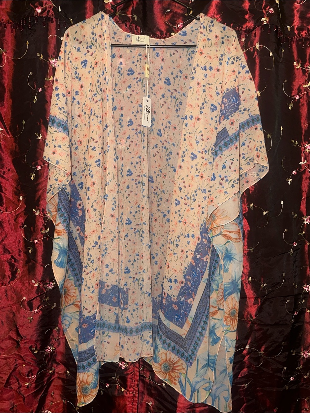Light Pink/Peach Floral Open-Front Men’s Kimono Cardigan with Blue Border